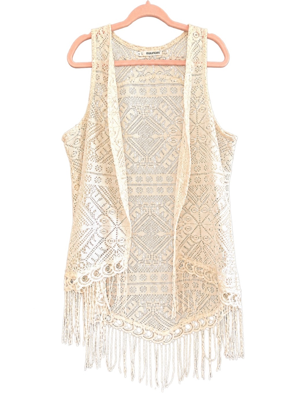 Maurices Cream Crochet Fringe Open Vest